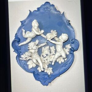 Volkstedt Antique Germany Blue Jasperware 3 Cherubs Angels Plaque #710 9x7 RARE